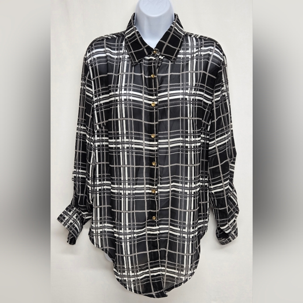 Speed Limit Mph 1X Sheer Collared Button Down Top Tie Waist Plaid